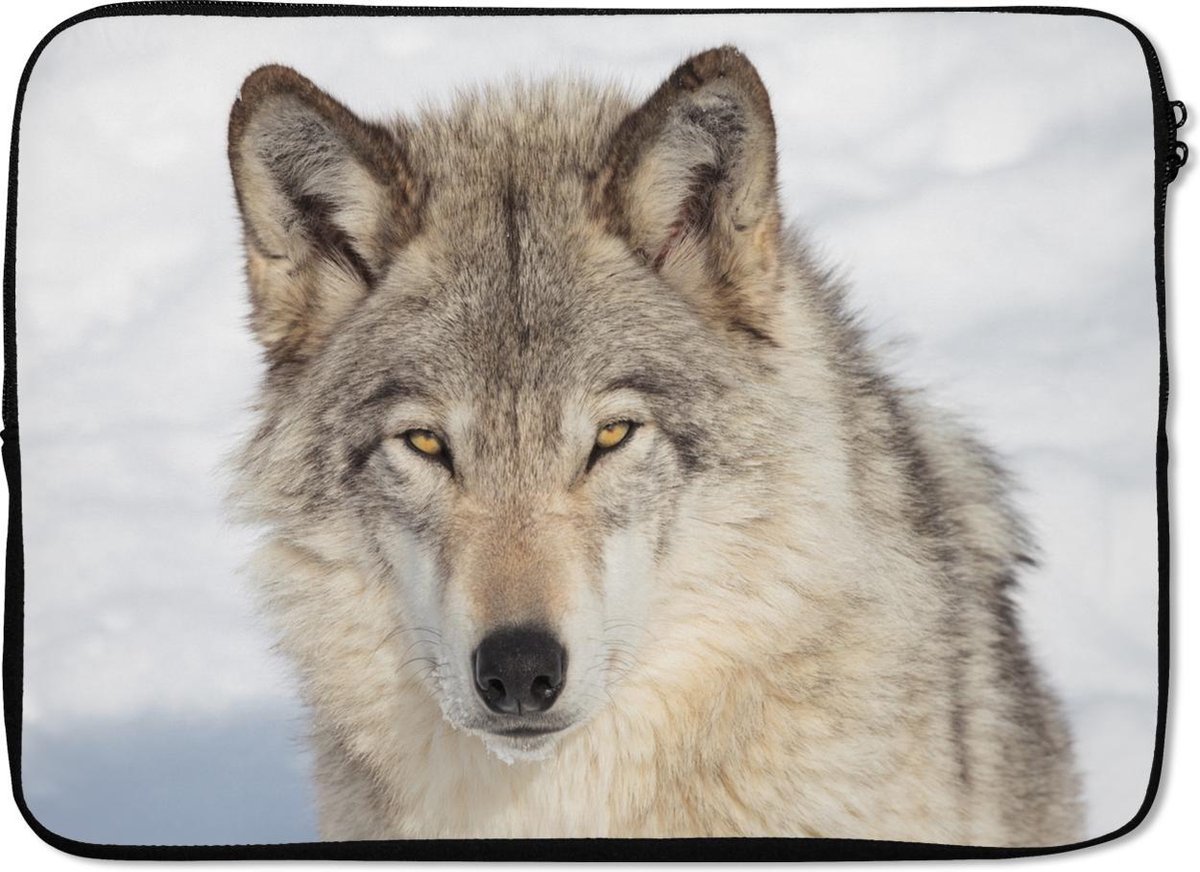 Laptophoes 14 inch - Wolf - Macro - Sneeuw - Laptop sleeve - Binnenmaat 33x23 cm - Zwarte achterkant