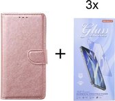 Oppo Reno6 Pro - Bookcase Rosé Goud - portemonee hoesje met 3 stuk Glas Screen protector