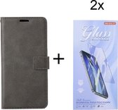 Oppo Reno6 5G - Bookcase Grijs - portemonee hoesje met 2 stuk Glas Screen protector