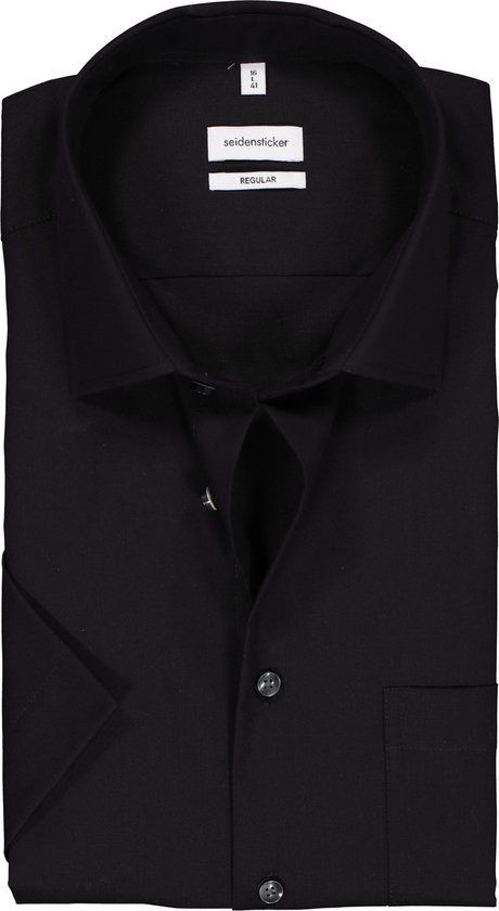 Seidensticker regular fit overhemd - korte mouw - zwart - Strijkvrij - Boordmaat: 45