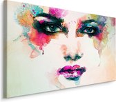 Schilderij - Aquarel gezicht van een vrouw, print op canvas, multikleur