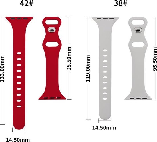 Rood en lichtgrijs Apple Watch bandje in maten 42mm en 38mm, met afmetingen.