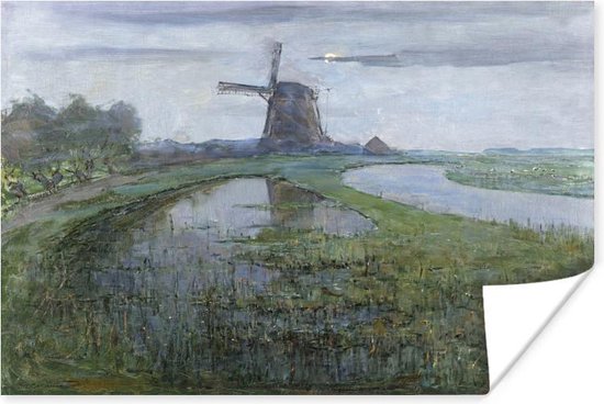 Poster Oostzijdse molen aan het Gein bij maanlicht - Piet Mondriaan - 160x120 cm XXL