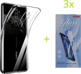 Oppo A5 2020 / A9 2020 Hoesje Transparant TPU Silicone Soft Case + 3X Tempered Glass Screenprotector