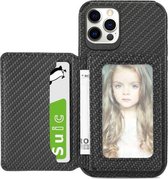 Magnetische kaarttas van koolstofvezel TPU + PU schokbestendige achterkant met houder en kaartsleuf en fotolijst voor iPhone 11 Pro Max (zwart)