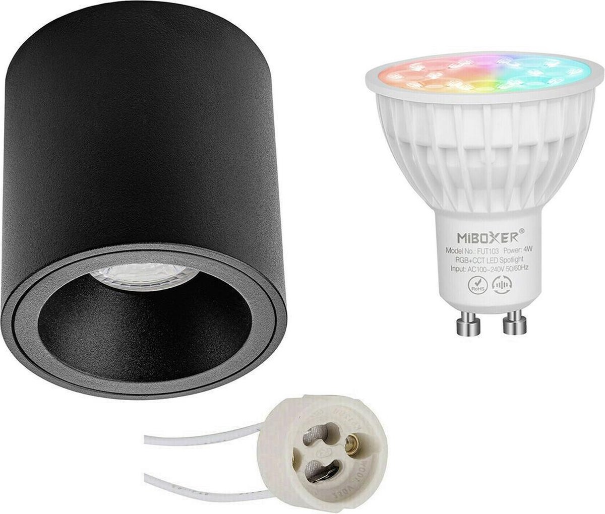 Mi-Light MiBoxer - Opbouwspot Set GU10 - Smart LED - Wifi LED - Slimme LED - 4W - RGB+CCT - Aanpasbare Kleur - Dimbaar - Proma Cliron Pro - Opbouw Rond - Mat Zwart - Verdiept - Ø90mm
