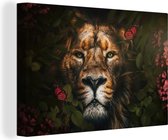 Canvas Schilderij Jungle - Leeuw - Vlinder - Bloemen - 90x60 cm - Wanddecoratie