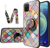 Voor Samsung Galaxy A12 Geschilderd Etnisch Patroon Gehard Glas TPU Schokbestendig Hoesje met Opvouwbare Magnetische Houder & Nekband (Geruit)