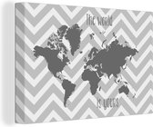 Canvas Wereldkaart - 30x20 - Wanddecoratie Een grijze wereldkaart met Engelse tekst - zwart wit