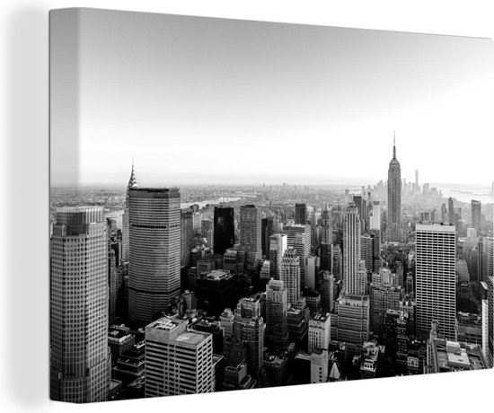 Canvas Schilderij Zonsopkomst bij de skyline van New York - zwart wit - 30x20 cm - Wanddecoratie