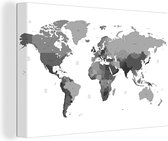 Canvas Wereldkaart - 90x60 - Wanddecoratie Wereldkaart op een witte achtergrond - zwart wit