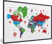 Fotolijst incl. Poster - Wereldkaart - Kleuren - Luchtballon - 30x20 cm - Posterlijst