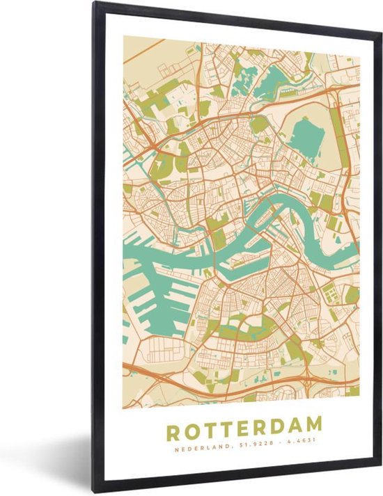 Fotolijst incl. Poster - Stadskaart - Rotterdam - Vintage - 40x60 cm - Posterlijst - Plattegrond