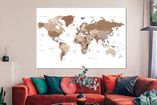 Décoration murale Métal - Peinture Aluminium - Carte du Wereldkaart - Simple - Marron - 150x100 cm