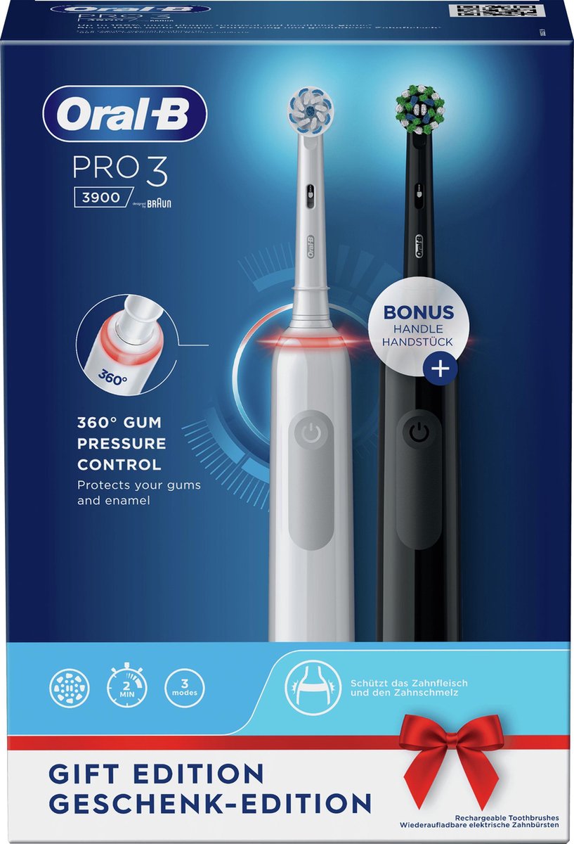 Oral-B Pro 3 3900 - Elektrische Tandenborstel - Duoverpakking 2 stuks  aanbiedingen | actuele-aanbiedingen.nl
