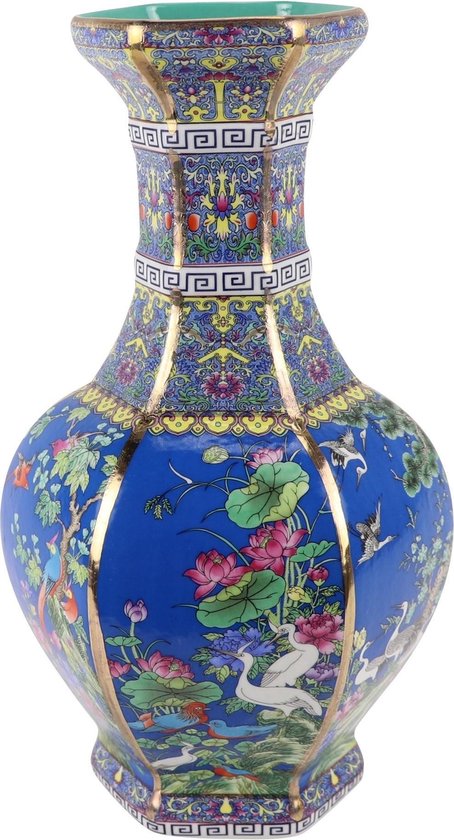 Fine Asianliving Vase Chinois Fleurs Vogels Blauw D19xH32cm