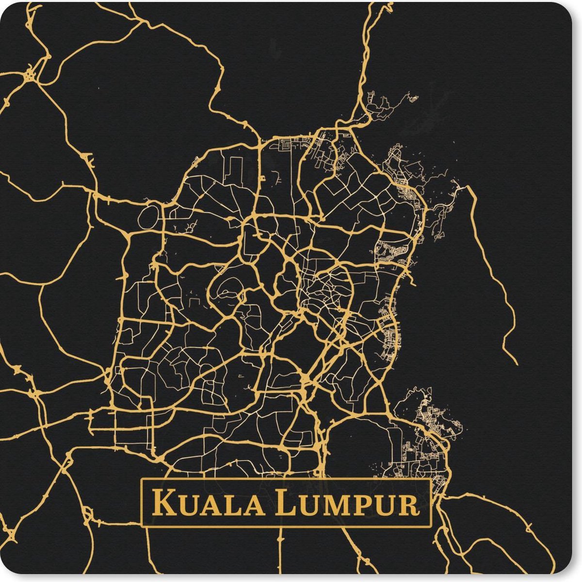 Muismat 20x20 cm - Mousepad Kaart - Kuala Lumpur - Goud - Zwart - Muismatten