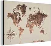Décoration murale Métal - Peinture Aluminium - Carte du Wereldkaart - Bois - Rose des Vents - 90x60 cm