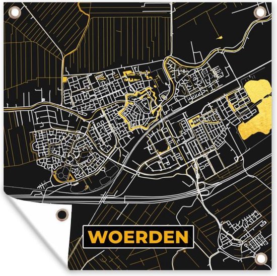 Poster de Jardin Carte - Woerden - Or - Zwart - 200x200 cm - Toile de jardin - Affiche extérieure