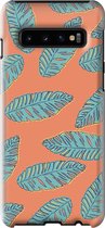 Samsung Galaxy S10 Telefoonhoesje - Extra Stevig Hoesje - 2 lagen bescherming - Met Plantenprint - Tropische Blaadjes - Oranje