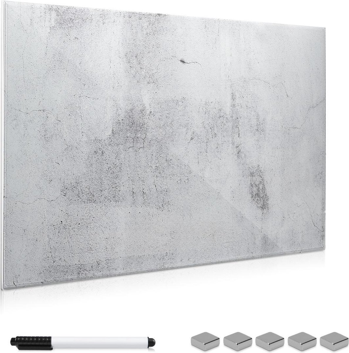 Navaris glassboard - Magnetisch bord voor aan de wand - Memobord van glas - 90 x 60 cm - Magneetbord inclusief magneten en marker - Betonlook - Navaris