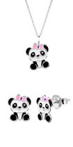 Oorbellen meisje zilver | Set zilveren ketting en oorstekers, panda met roze strikje