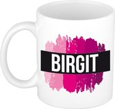 Birgit  naam cadeau mok / beker met roze verfstrepen - Cadeau collega/ moederdag/ verjaardag of als persoonlijke mok werknemers