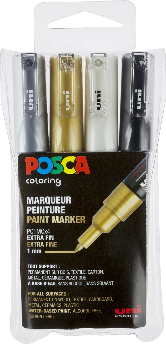 Krijtstift – Fineliner – Universele Marker – Goud, Wit, Zilver, Zwart – Uni Posca Marker – PC-1M – 0,7mm – 4 stuks