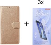 Bookcase Geschikt voor: Realme 8 Pro - Goud - portemonee hoesje met 3 stuk Glas Screen protector