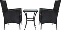 Zwart rotan bistroset met glazen tafel en twee stoelen.