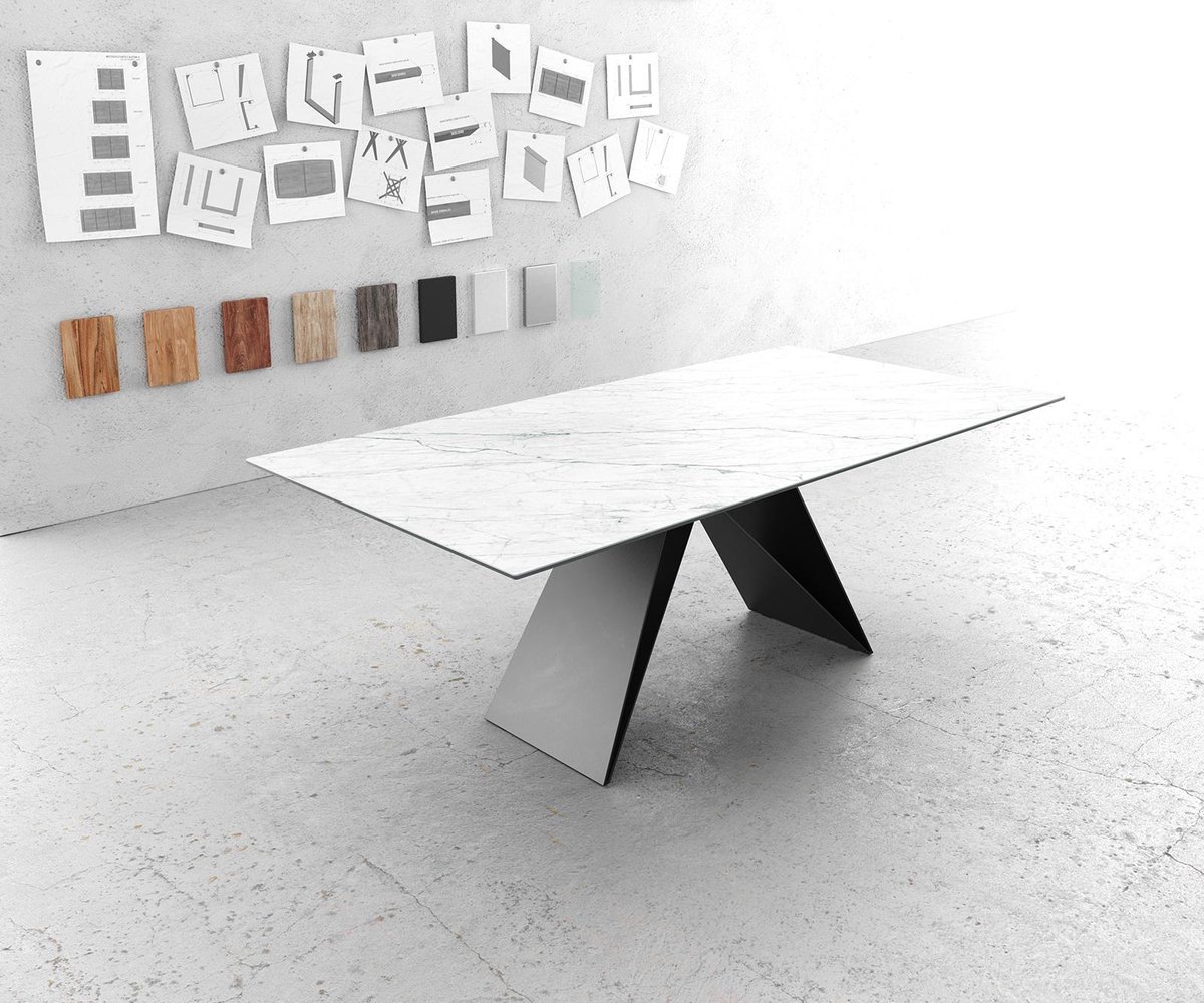 DELIFE Eettafel Edge Laminam® keramiek wit 200x100cm V-middenvoet zwart Weiss