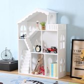 Groot wit poppenhuis met boekenplank en balkon