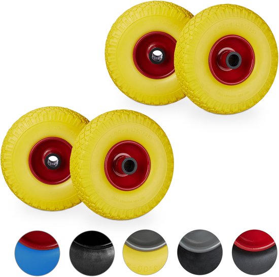 relaxdays 4 x roue de diable - jante acier - anti crevaison - axe 25 mm - 150 kg - jaune-rouge
