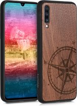 kwmobile telefoonhoesje compatibel met Samsung Galaxy A70 - Hoesje met bumper in donkerbruin - walnoothout - Vintage Kompas design