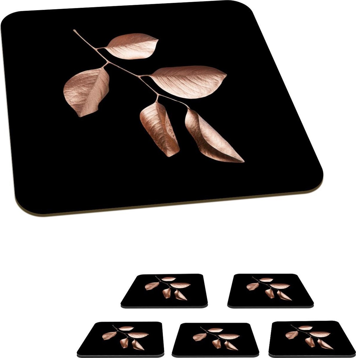 Onderzetters voor glazen - Roze - Blad - Goud - 10x10 cm - Glasonderzetters - 6 stuks