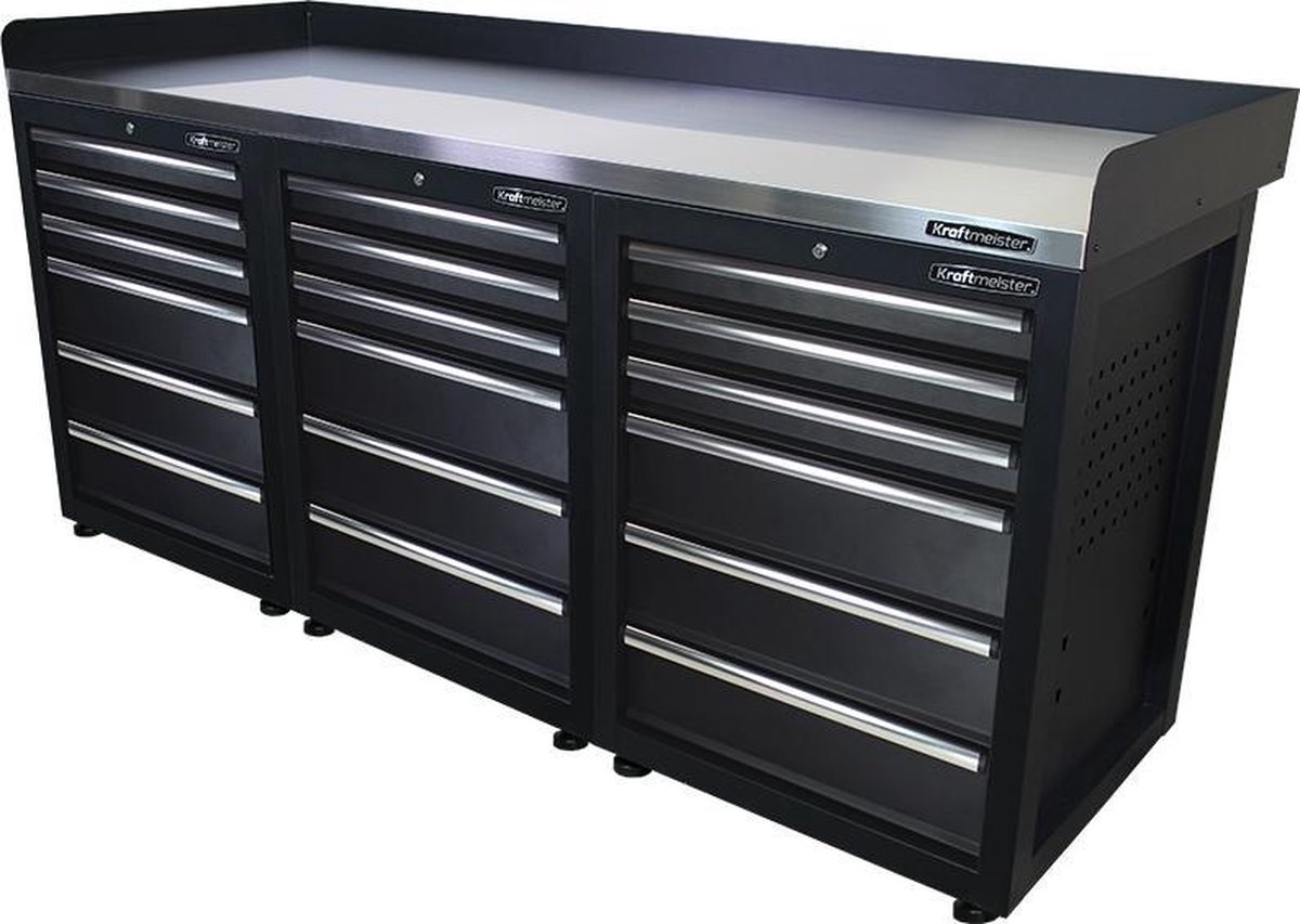 Kraftmeister werkbank 200 cm - Werktafel met 18 lades en RVS werkblad - Zwart