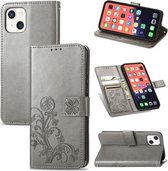Voor iPhone 13 mini Klavertje vier Sluiting Reliëf Gesp Mobiele Telefoon Bescherming Lederen Case met Lanyard & Card Slot & Portemonnee & Beugel Functie (Grijs)