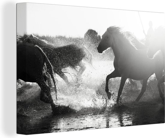 Canvas Schilderij Paarden - Water - Zwart - Wit - Wanddecoratie