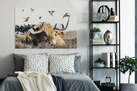 Peintures sur toile Scottish Highlander - Vogel - Bruyère - 120x80 cm - Décoration murale