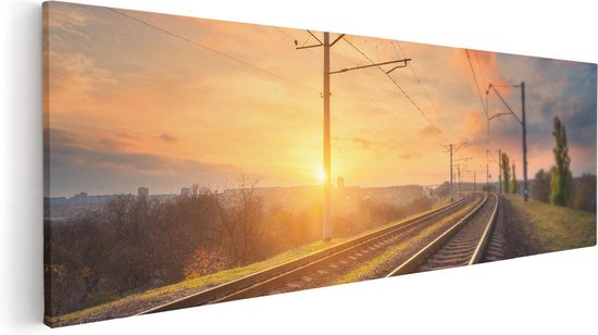 Artaza - Canvas Schilderij - Rails Spoorweg Bij Zonsondergang - Foto Op Canvas - Canvas Print