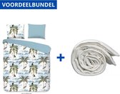 Luxe Zachte Dekbedovertrek Tweepersoons - 200x200/220cm - Inclusief 2 Kussenslopen - 100% Versterkt Katoen - Waves Blauw + Wasbaar Microfiber Dekbed - 200x200cm - Wit