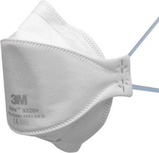 Wit 3M Aura 9320+ masker met blauwe bandjes, zijaanzicht.