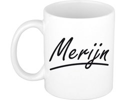 Merijn Naam koffiemok - beker - met sierlijke letters - wit - cadeau - collega - Vaderdag - verjaardag - personeel
