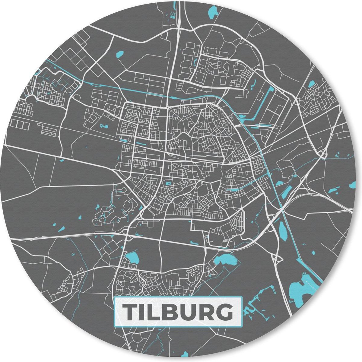 Muismat rond 50x50 cm - Mousepad Stadskaart - Tilburg - Grijs - Blauw - Ronde muismatten
