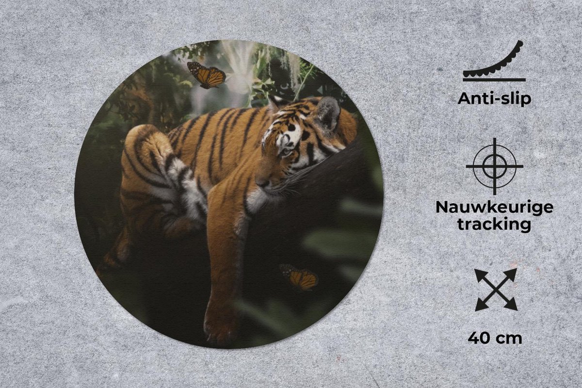 Muismat rond 40x40 cm - Mousepad Vlinder - Jungle - Tijger - Ronde muismatten