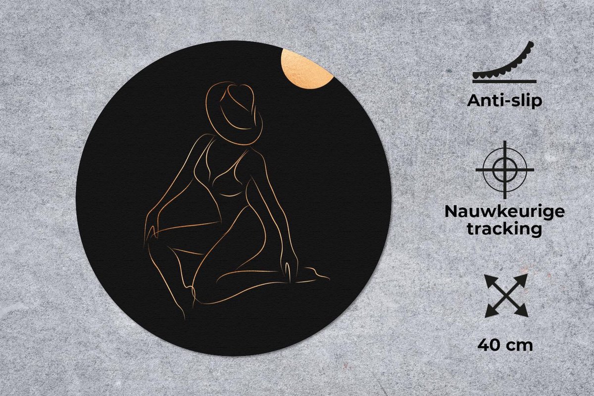 Muismat rond 40x40 cm - Mousepad Vrouw - Maan - Goud - Zwart - Ronde muismatten
