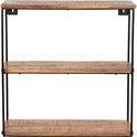 Drieplank wandrek van mangohout met zwarte metalen frame. De planken zijn aan de muur bevestigd met beugels.