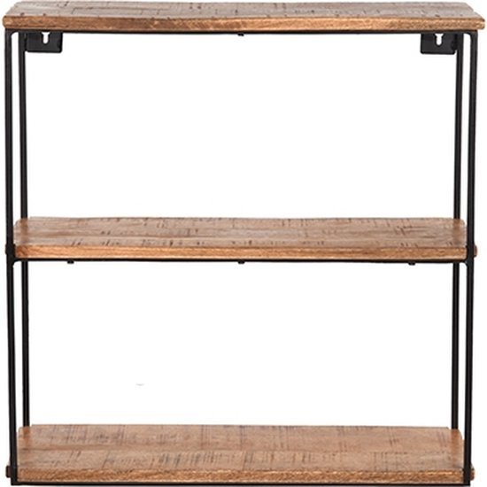 Drieplank wandrek van mangohout met zwarte metalen frame. De planken zijn aan de muur bevestigd met beugels.