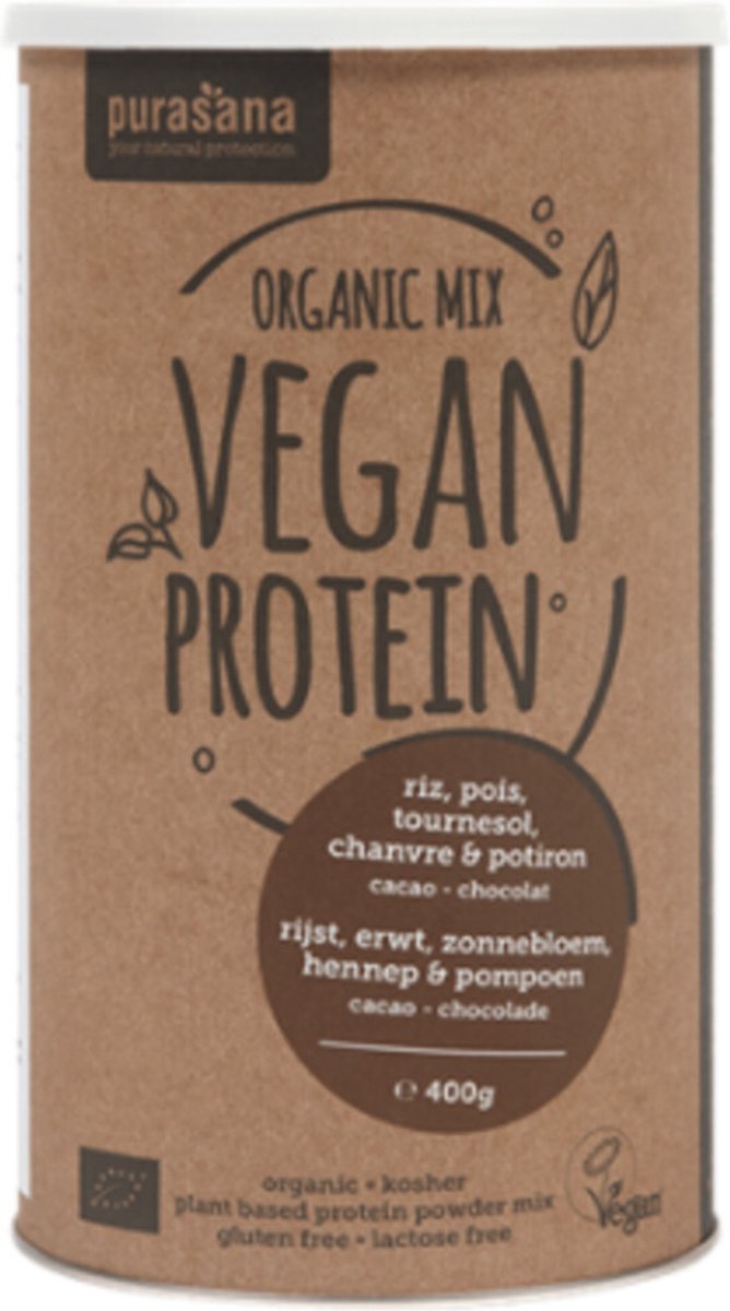 Purasana Vegan Protein Mix Erwt, Rijst, Pompoen, Zonnebloem, Hennep Cacao - Chocolade Bio 400 gr