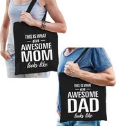 Awesome Mom en Awesome Dad tasje - Cadeau boodschappentasjes set voor Papa en Mama - Moederdag en Vaderdag cadeautje